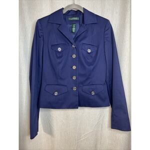 Ralph Lauren Navy Blue Silk Blend Button Up Front Jacket & Silver Button Size 2